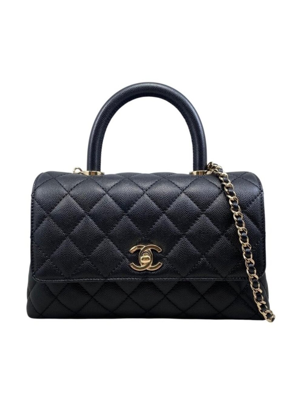 Chanel Shoulder Bag Top Handle Flap Coco XS Quilted Caviar Leather CC Logo Gold